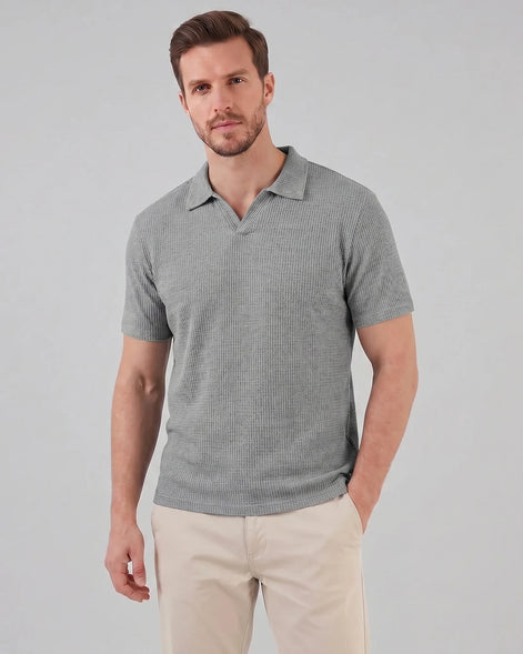 Men's Waffle Knit Open Collar Polo 95% Polyester Slim Fit Black Gray - Valedrian — view 6