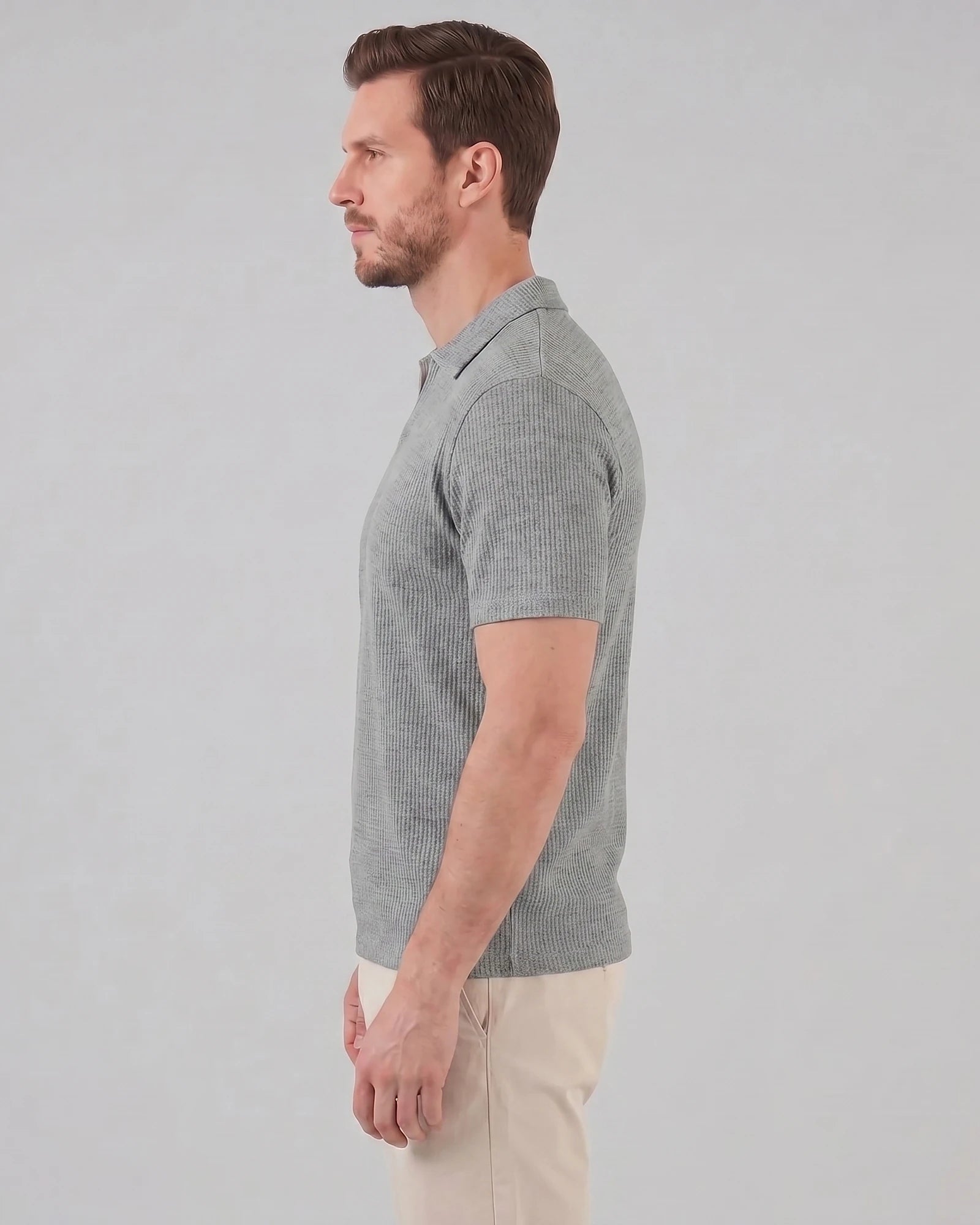 Men's Waffle Knit Open Collar Polo 95% Polyester Slim Fit Black Gray - Valedrian — view 7