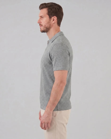 Men's Waffle Knit Open Collar Polo 95% Polyester Slim Fit Black Gray - Valedrian — view 7