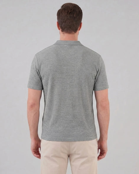Men's Waffle Knit Open Collar Polo 95% Polyester Slim Fit Black Gray - Valedrian — view 8