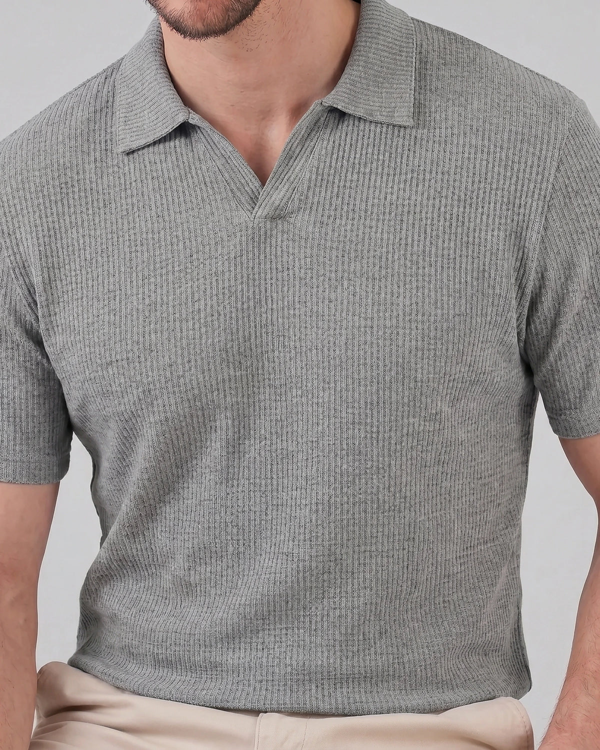 Men's Waffle Knit Open Collar Polo 95% Polyester Slim Fit Black Gray - Valedrian — view 9