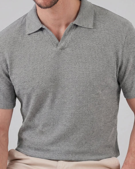 Men's Waffle Knit Open Collar Polo 95% Polyester Slim Fit Black Gray - Valedrian — view 9