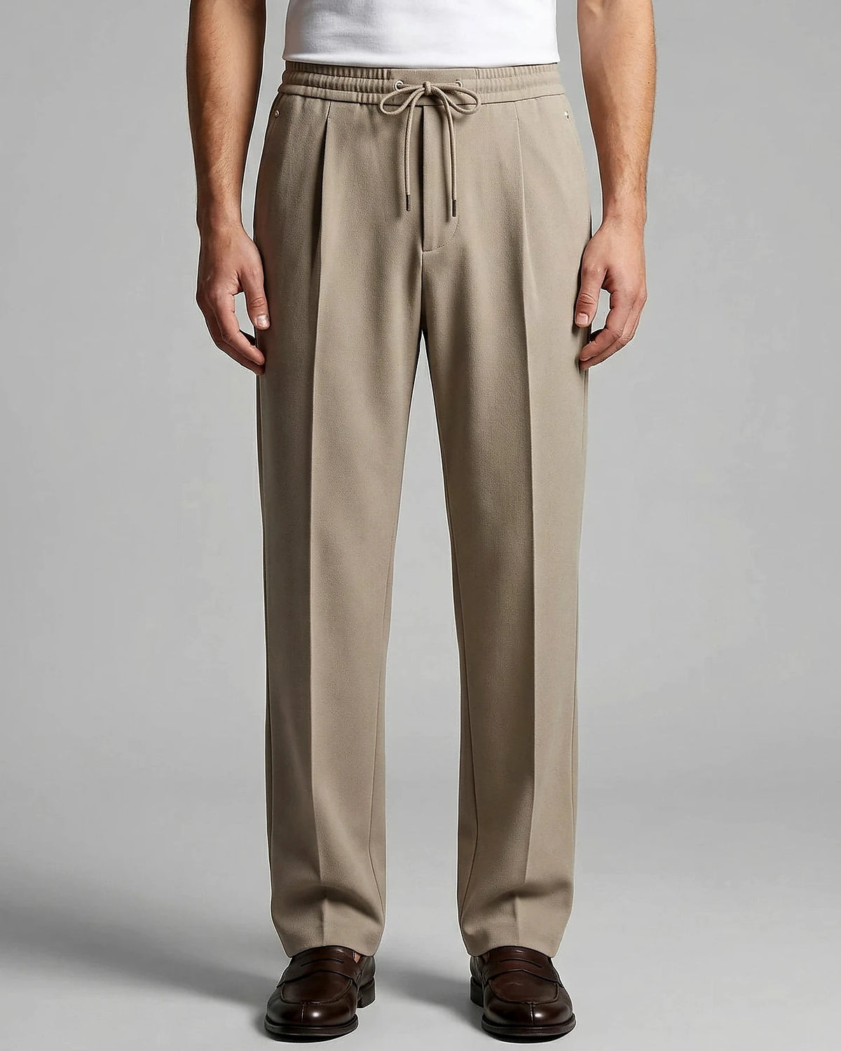 Men's Wide Leg Drawstring Trousers – 65% Nylon, Brown & Beige – Valedrian