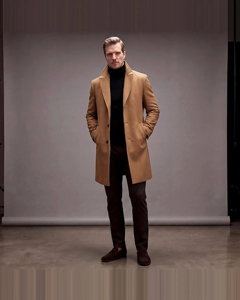 Men's Wool Blend Overcoat Tailored Long Coat Beige Grey - Valedrian