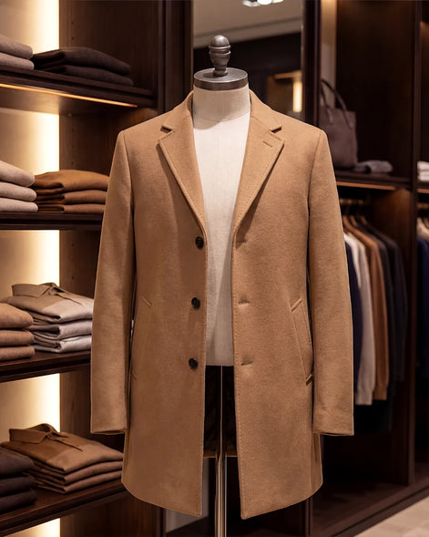 Men's Wool Blend Overcoat Tailored Long Coat Beige Grey - Valedrian — view 3