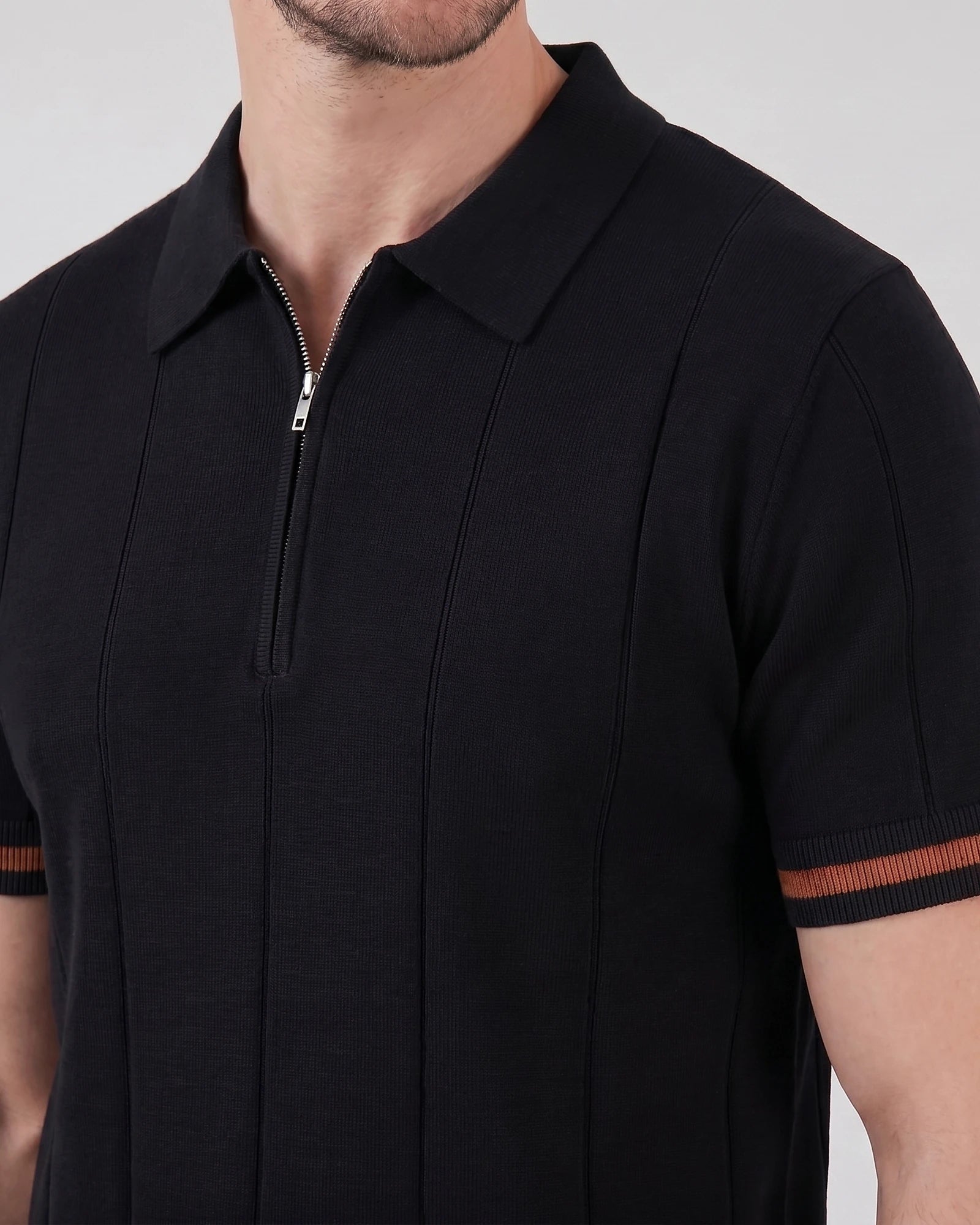 Men's Zipped Polo Shirt Knit Zip Collar Gray & Black - Valedrian — view 10