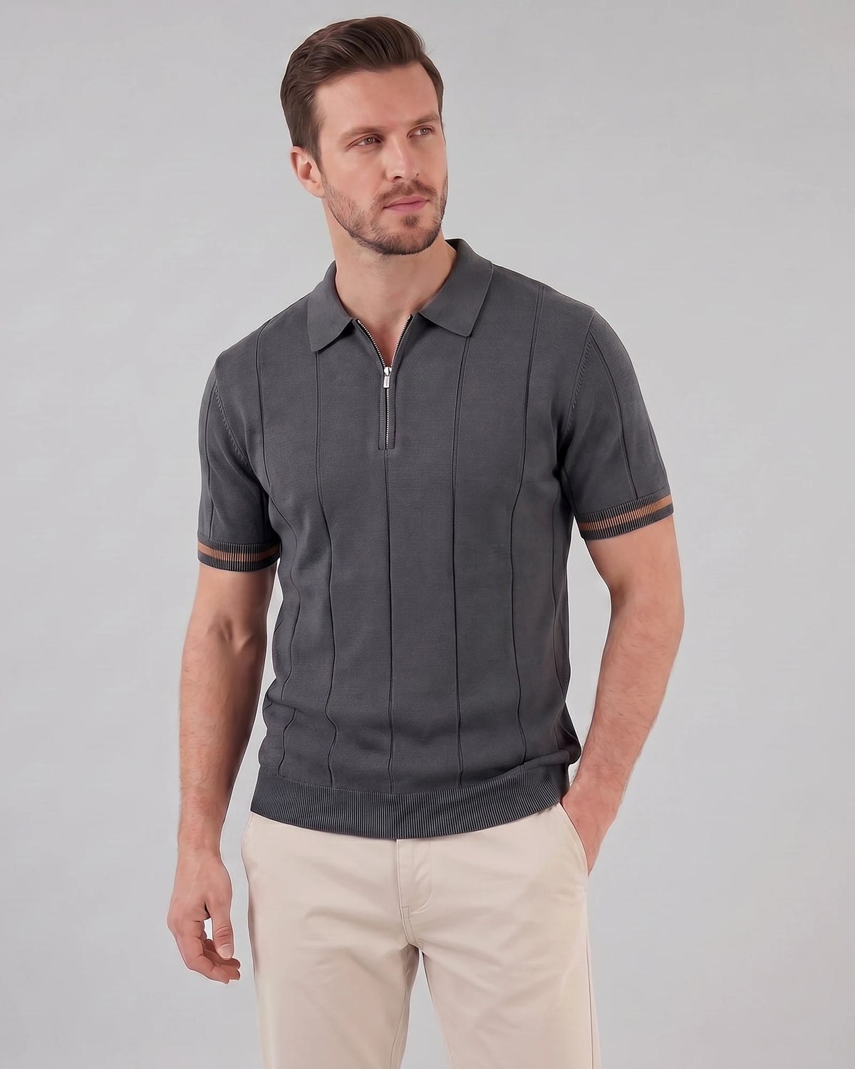 Men's Zipped Polo Shirt Knit Zip Collar Gray & Black - Valedrian — view 12