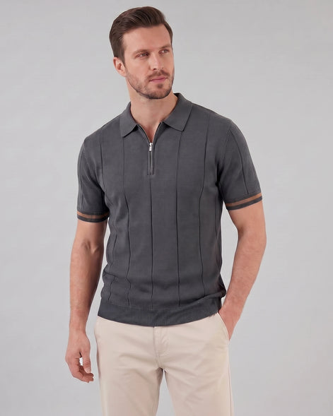 Men's Zipped Polo Shirt Knit Zip Collar Gray & Black - Valedrian — view 12