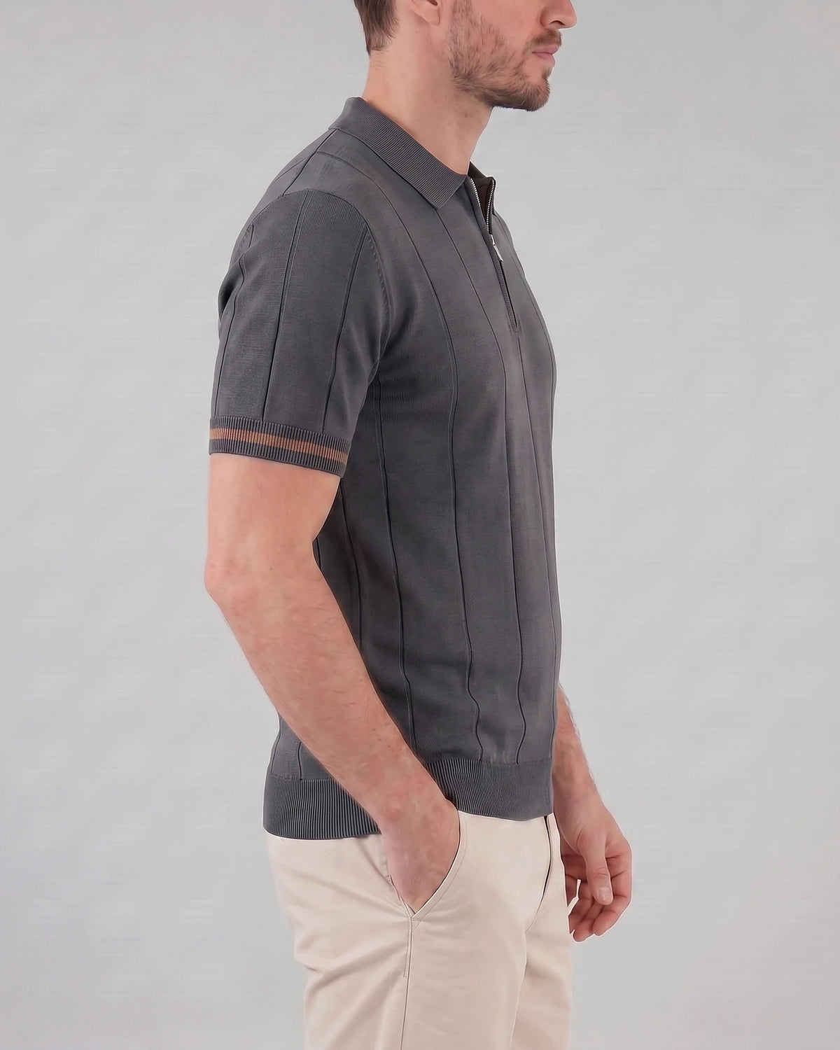 Men's Zipped Polo Shirt Knit Zip Collar Gray & Black - Valedrian — view 13