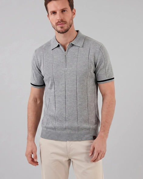Men's Zipped Polo Shirt Knit Zip Collar Gray & Black - Valedrian