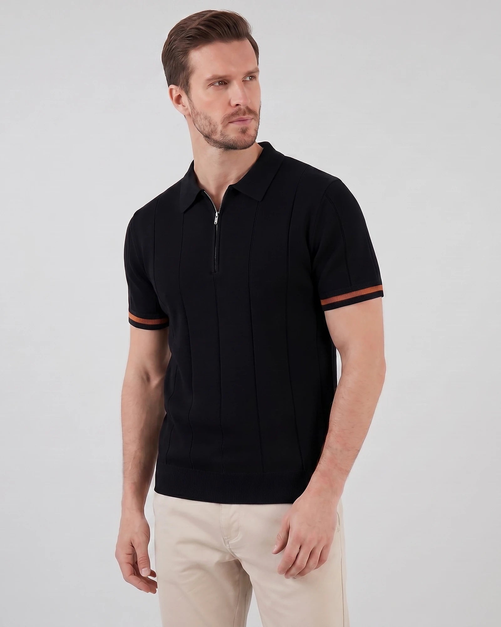 Men's Zipped Polo Shirt Knit Zip Collar Gray & Black - Valedrian — view 7