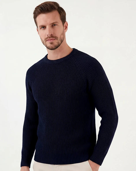 Navy Ribbed Knit Crewneck Sweater English Rib Men's S–2XL – Valedrian