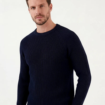 Navy Ribbed Knit Crewneck Sweater English Rib Men's S–2XL – Valedrian