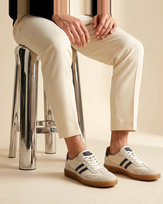Retro Sneakers Men Cream Leather Suede Navy Gum Sole - Valedrian