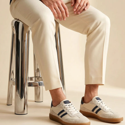 Retro Sneakers Men Cream Leather Suede Navy Gum Sole - Valedrian