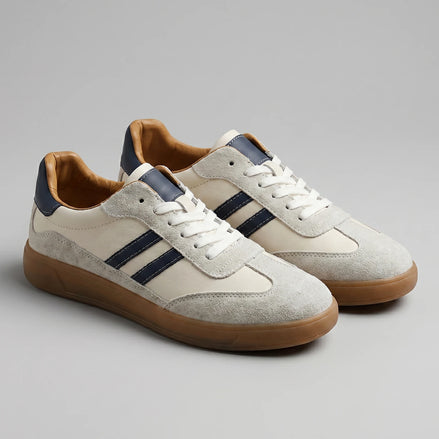 Retro Sneakers Men Cream Leather Suede Navy Gum Sole - Valedrian — view 2