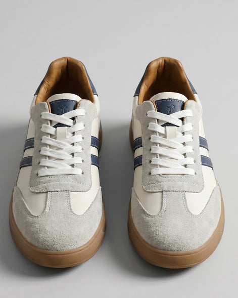 Retro Sneakers Men Cream Leather Suede Navy Gum Sole - Valedrian — view 6