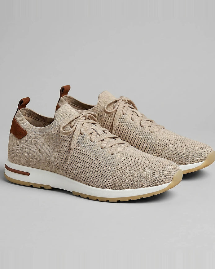 Retro Sneakers Men Knit Leather Lace-Up Trainers Beige - Valedrian