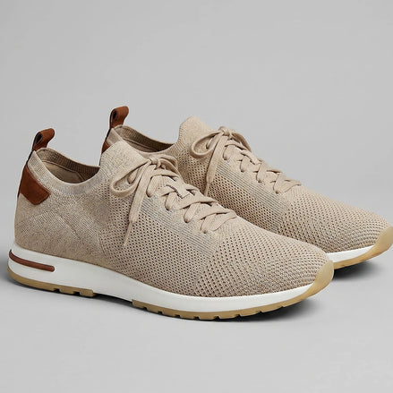 Retro Sneakers Men Knit Leather Lace-Up Trainers Beige - Valedrian