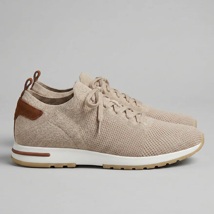 Retro Sneakers Men Knit Leather Lace-Up Trainers Beige - Valedrian — view 2