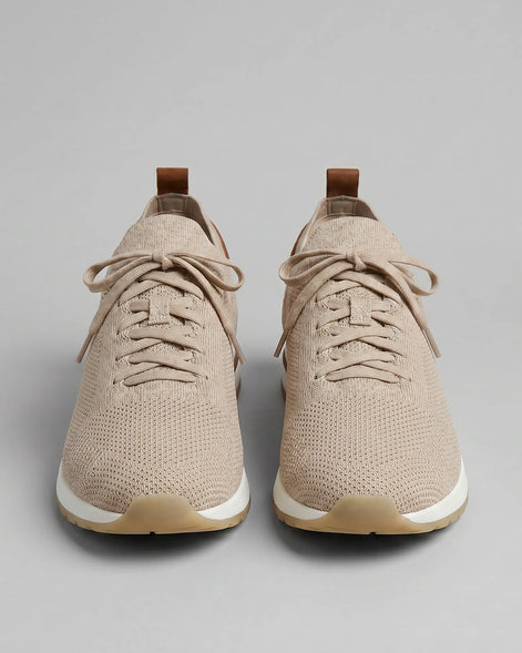 Retro Sneakers Men Knit Leather Lace-Up Trainers Beige - Valedrian — view 5