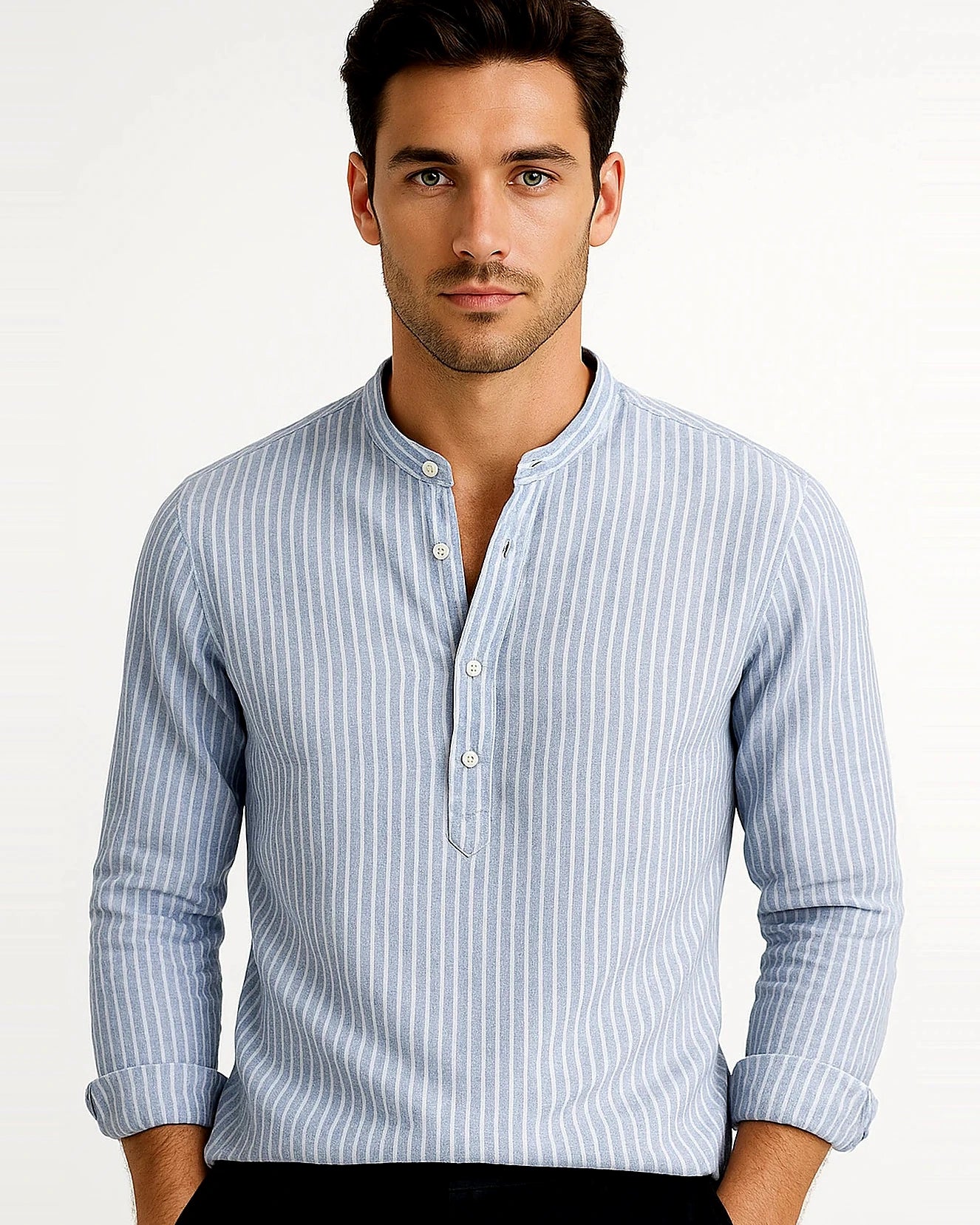 Shirt | Striped Band Collar | Cotton Blend | Long Sleeve