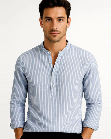 Shirt | Striped Band Collar | Cotton Blend | Long Sleeve
