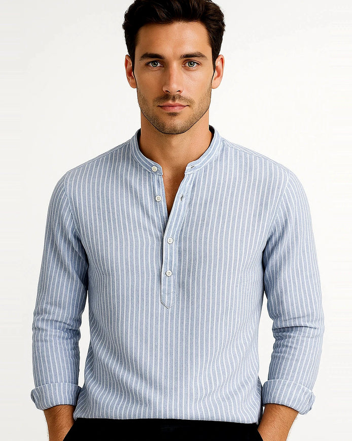 Shirt | Striped Band Collar | Cotton Blend | Long Sleeve