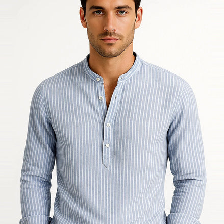 Shirt | Striped Band Collar | Cotton Blend | Long Sleeve