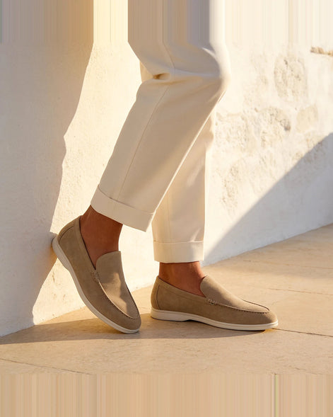 Suede Loafers Men Beige PU Penny Strap Slip-On Moccasin | Valedrian