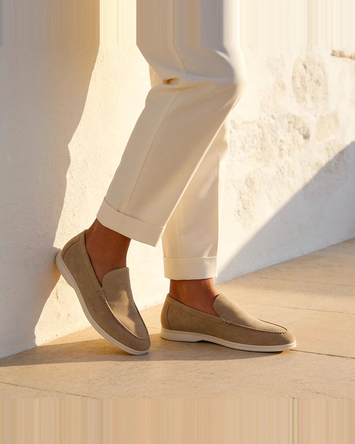 Suede Loafers Men Beige PU Penny Strap Slip-On Moccasin | Valedrian