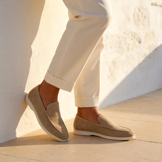 Suede Loafers Men Beige PU Penny Strap Slip-On Moccasin | Valedrian
