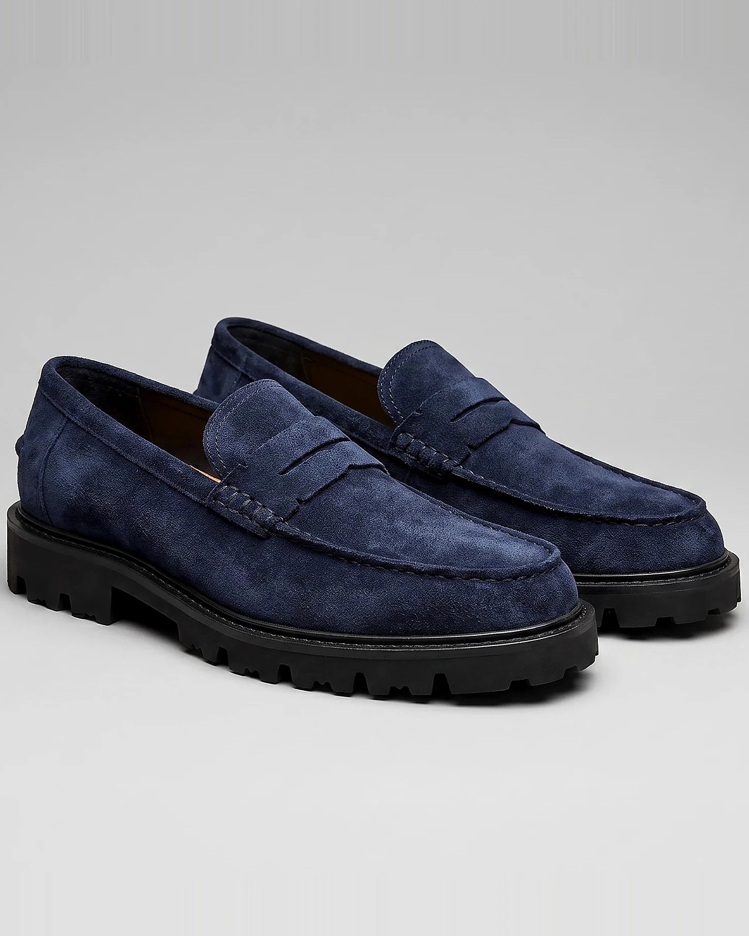 Suede Loafers Men Chunky Lug Sole Penny Loafer Navy Dark Blue Slip-On - Valedrian