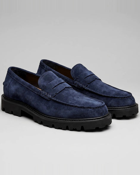 Suede Loafers Men Chunky Lug Sole Penny Loafer Navy Dark Blue Slip-On - Valedrian