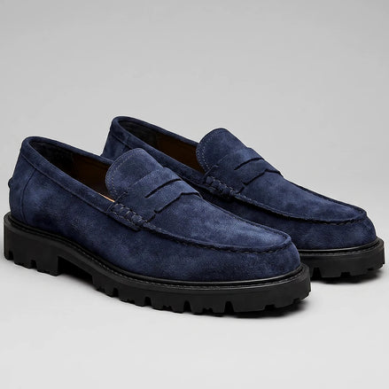 Suede Loafers Men Chunky Lug Sole Penny Loafer Navy Dark Blue Slip-On - Valedrian