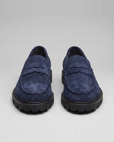 Suede Loafers Men Chunky Lug Sole Penny Loafer Navy Dark Blue Slip-On - Valedrian — view 2