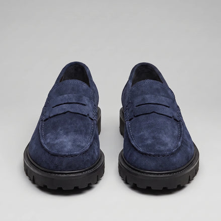 Suede Loafers Men Chunky Lug Sole Penny Loafer Navy Dark Blue Slip-On - Valedrian — view 2