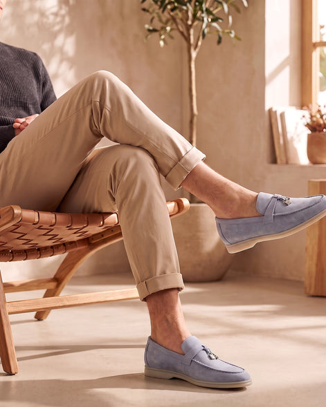 Suede Loafers Men Cowhide Tassel Slip-On, Sky Blue - Valedrian — view 18