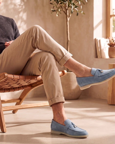 Suede Loafers Men Cowhide Tassel Slip-On, Sky Blue - Valedrian — view 6