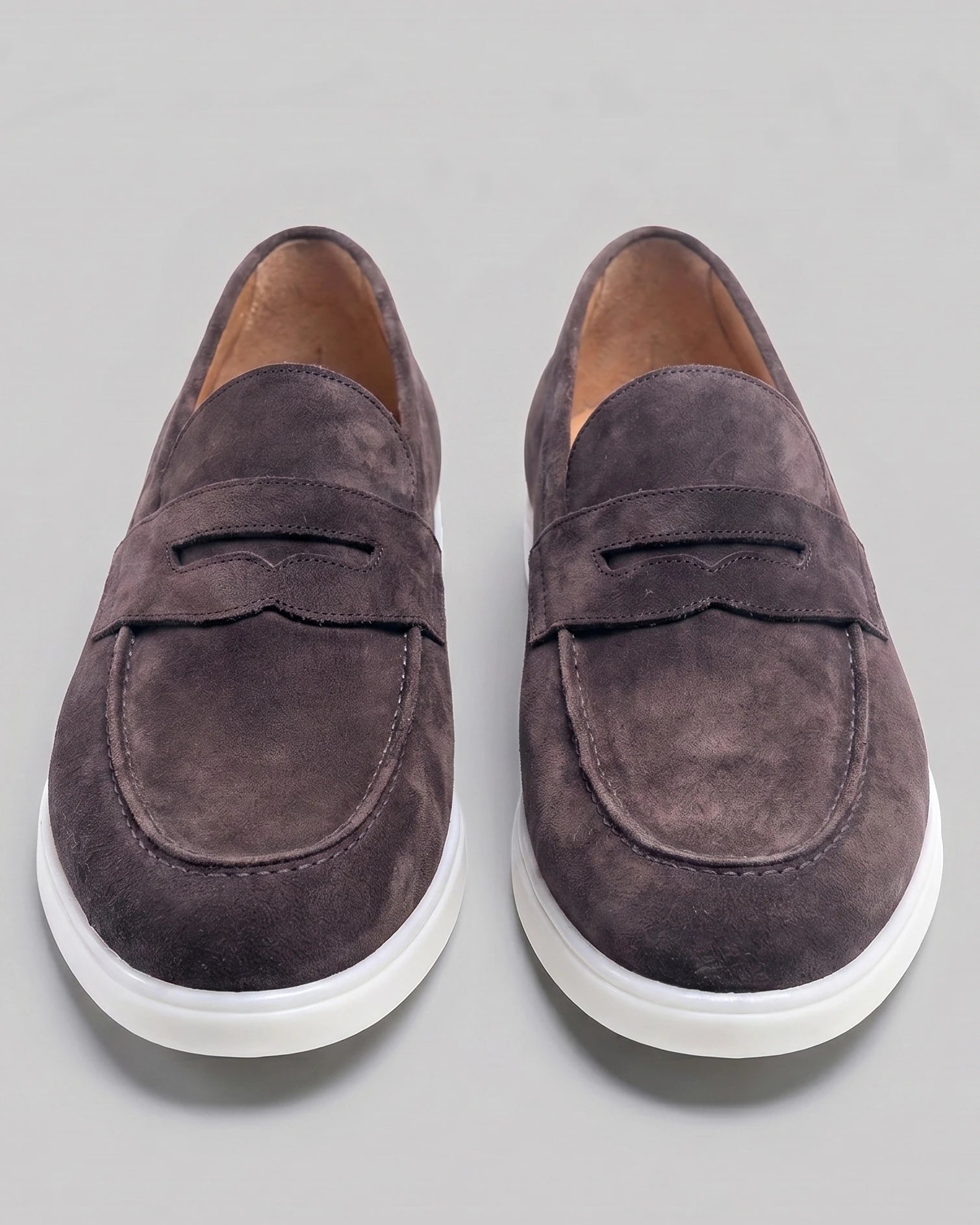 Suede Loafers Men Grey White Sole Penny Strap - Valedrian — view 10