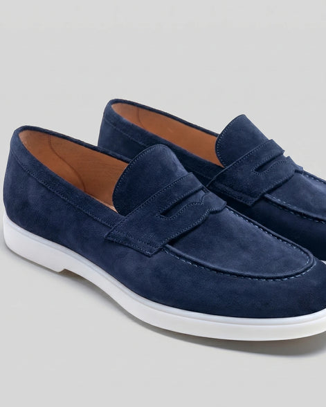 Suede Loafers Men Grey White Sole Penny Strap - Valedrian — view 11