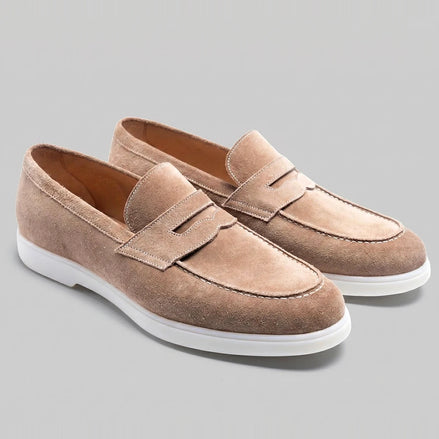 Suede Loafers Men Grey White Sole Penny Strap - Valedrian