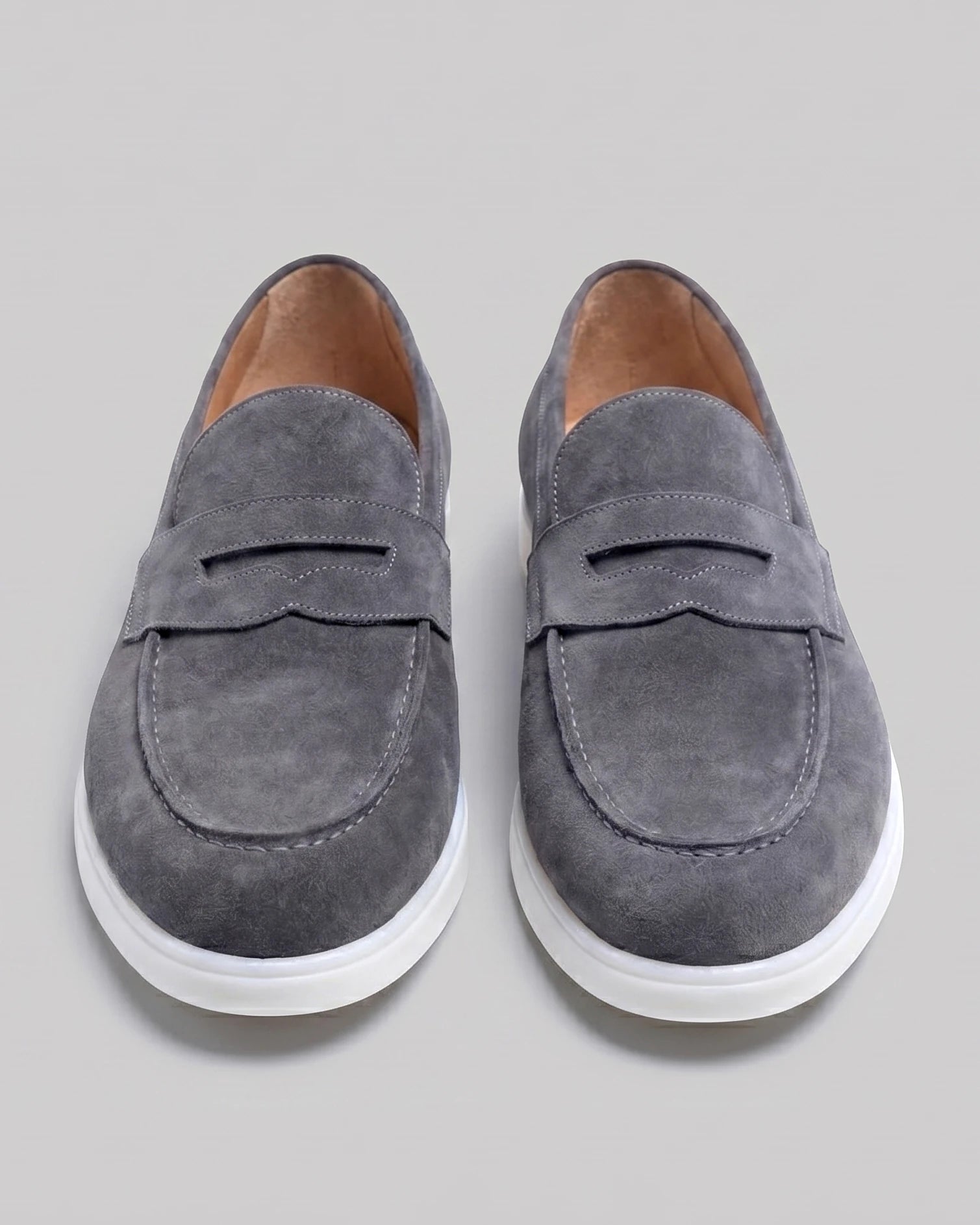 Suede Loafers Men Grey White Sole Penny Strap - Valedrian — view 20