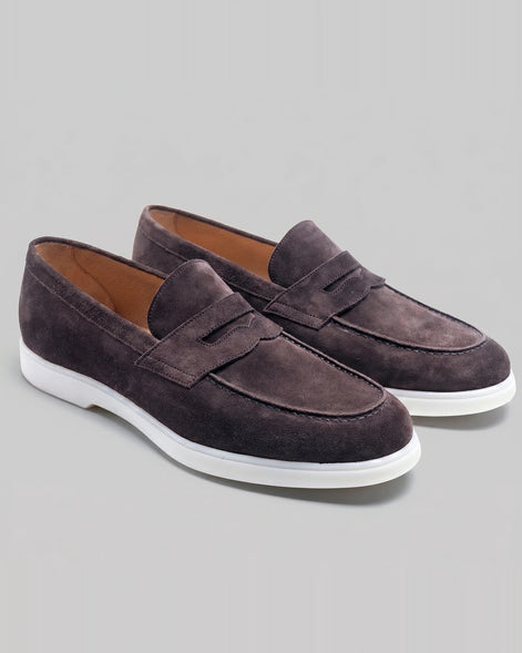 Suede Loafers Men Grey White Sole Penny Strap - Valedrian — view 6