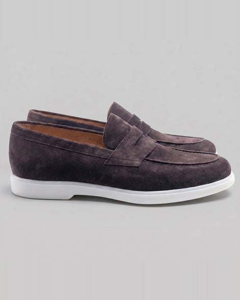 Suede Loafers Men Grey White Sole Penny Strap - Valedrian — view 7