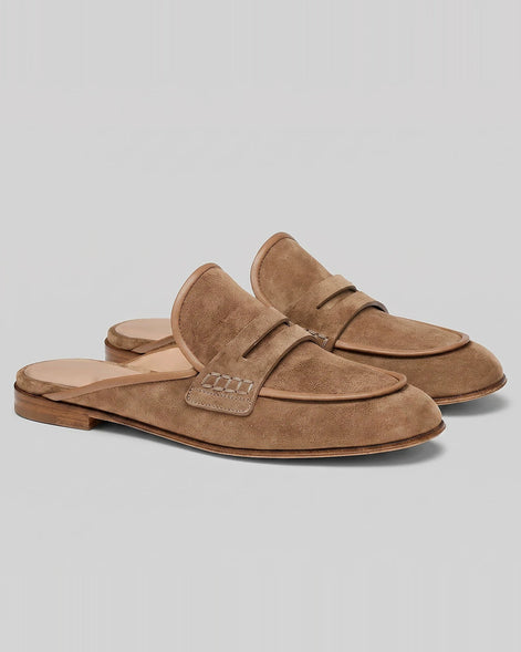 Suede Penny Loafers Men Backless Beige Slip-On - Valedrian