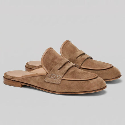 Suede Penny Loafers Men Backless Beige Slip-On - Valedrian